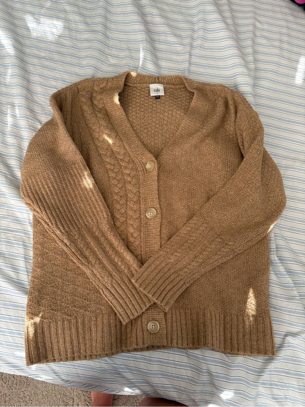 CAbi Camel Brown Cable-Detail Button Cardigan
